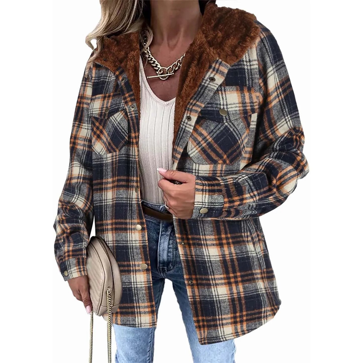 Women Sherpa-Lined Plaid Button Jacket | Hyacinth