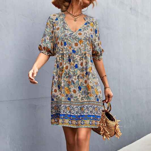 Women Boho Floral V-Neck Mini Dress | Elira