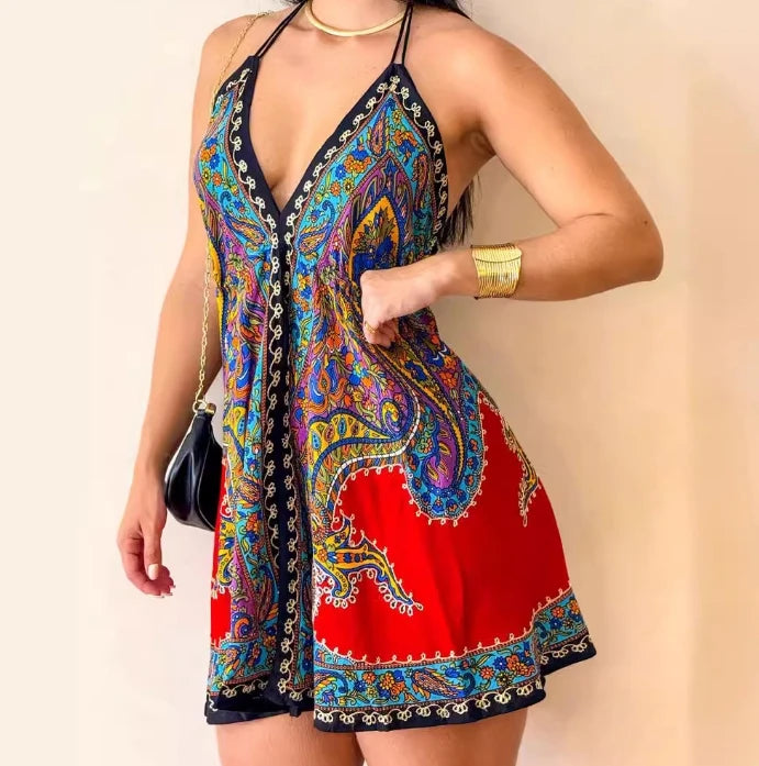 Ethnic Print Backless Mini Dress | Glenda