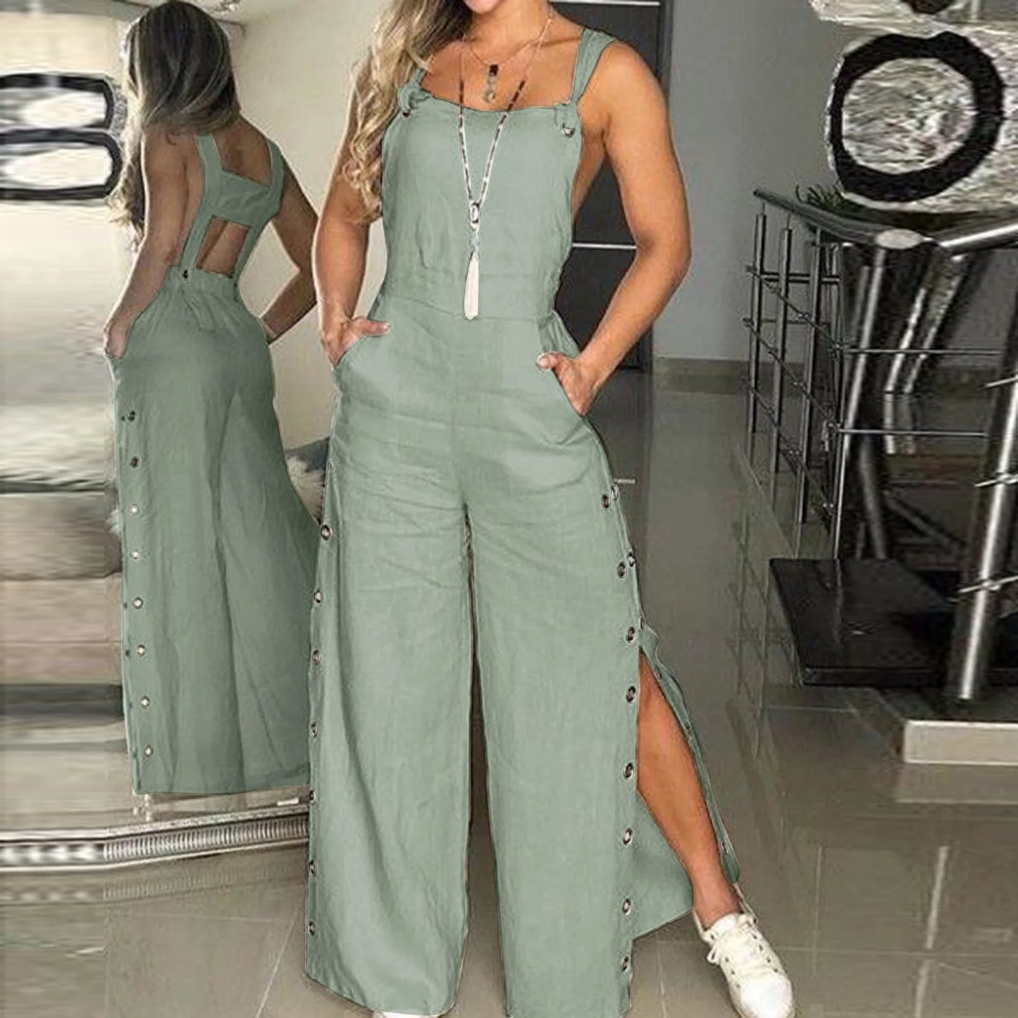 Button-Slit Wide-Leg Overalls | Leona