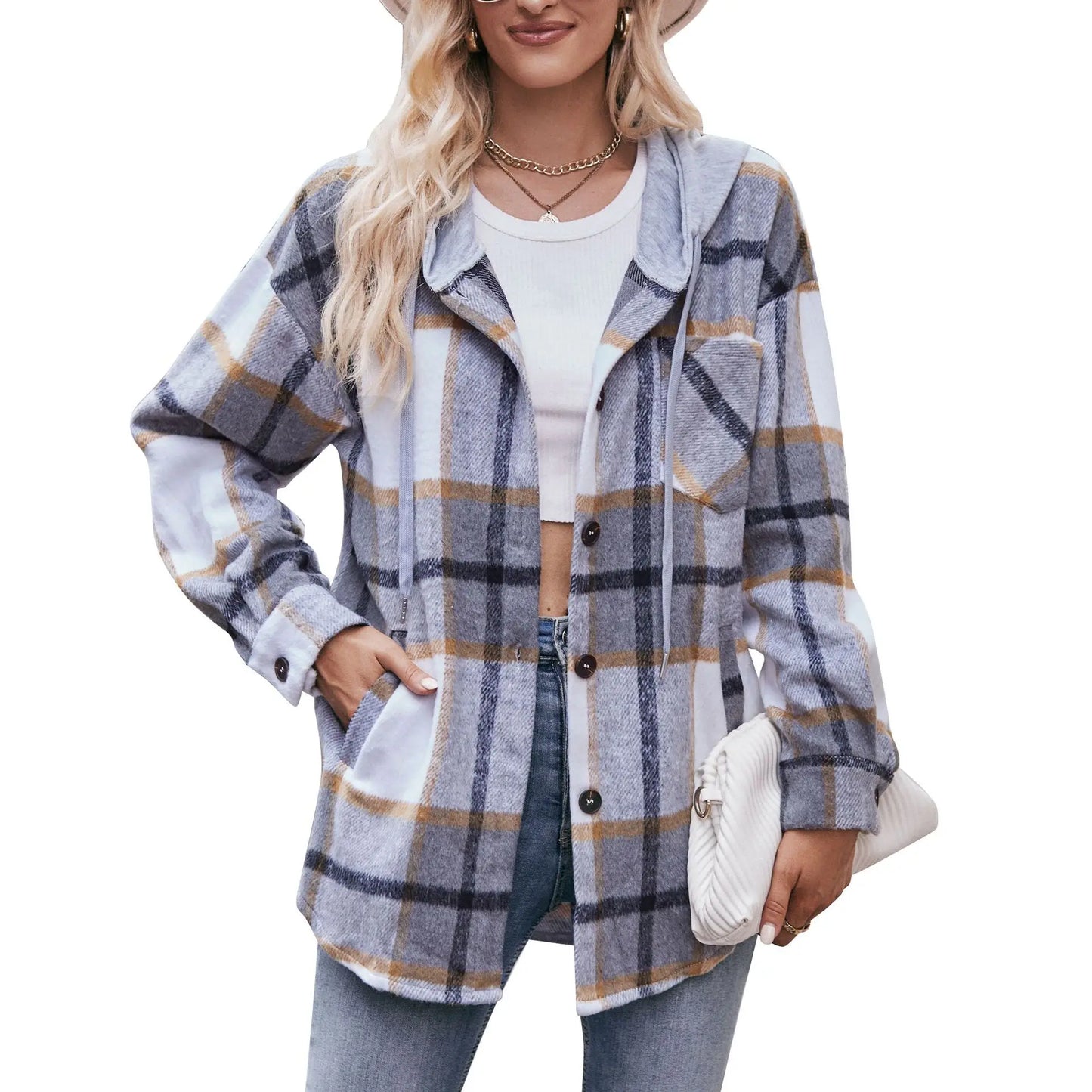 Women Pastel Plaid Hooded Shacket | Fionella