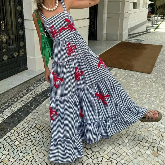 Women Gingham Maxi Dress with Lobster Embroidery | Marielle