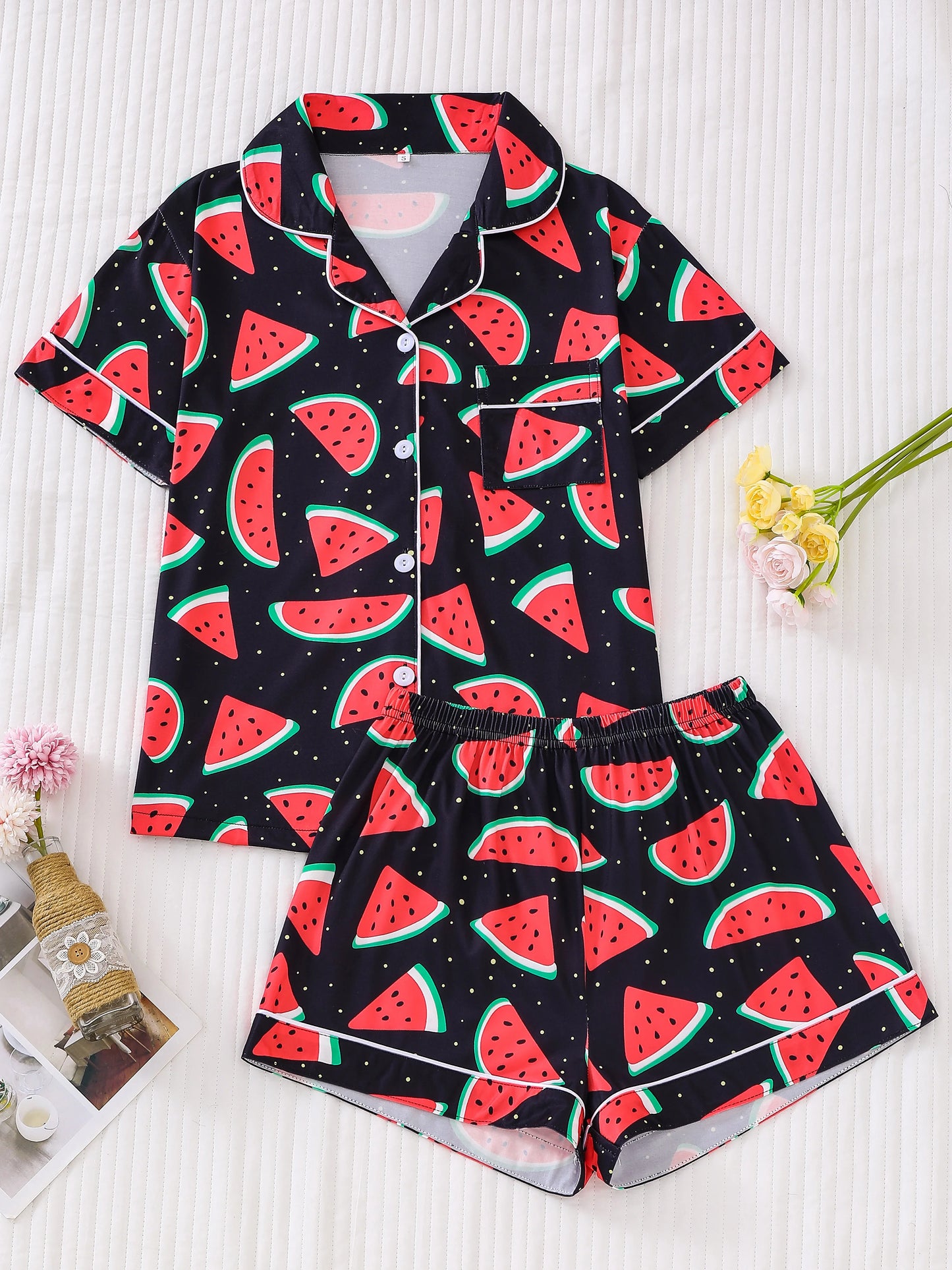 Watermelon Print Short Sleeve Pajama Set | Annetta