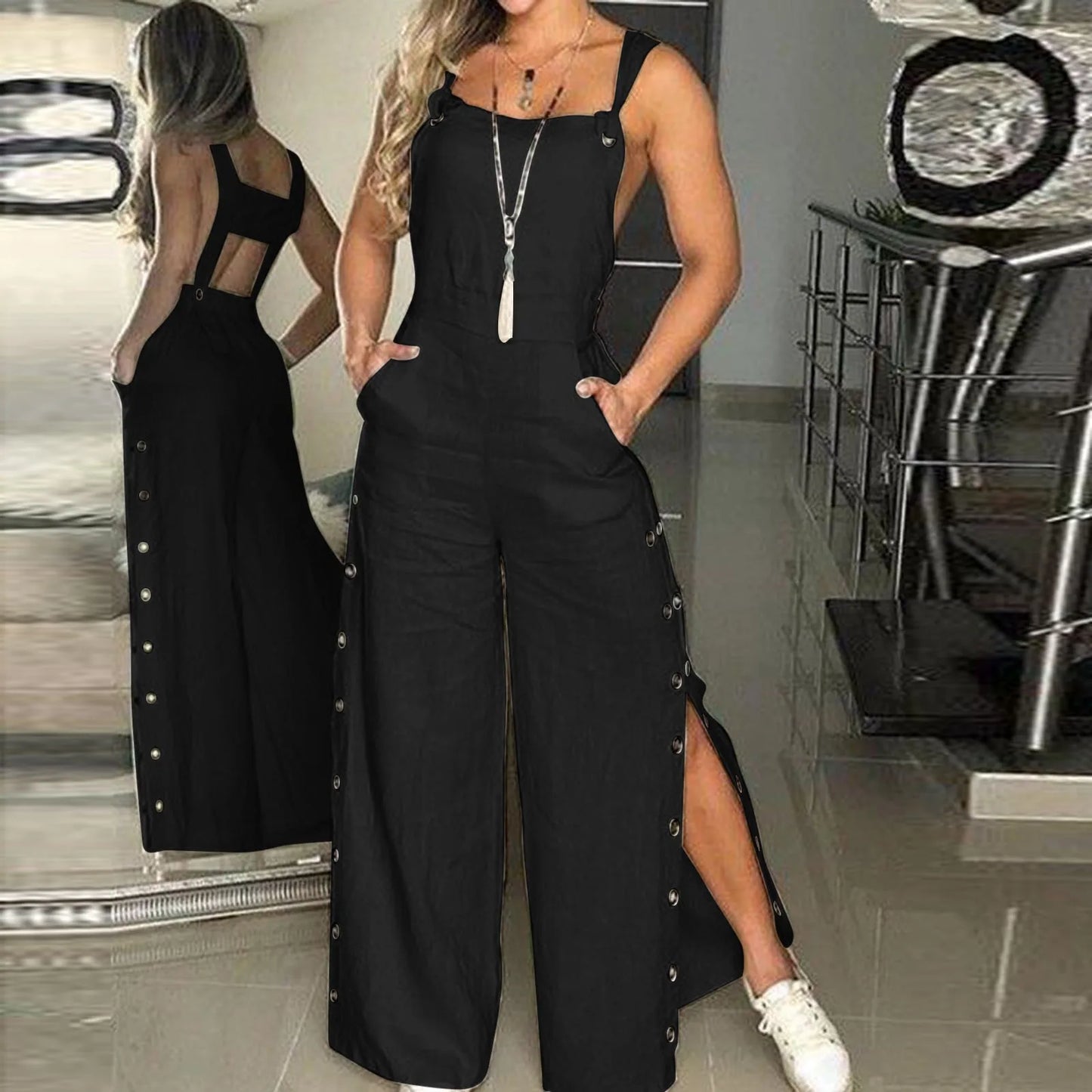 Button-Slit Wide-Leg Overalls | Leona