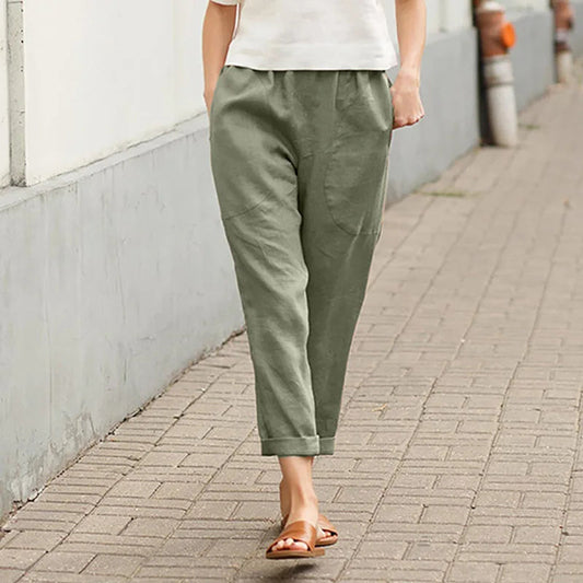 Women Wide Leg Trousers Beige Cotton | Crissa-1