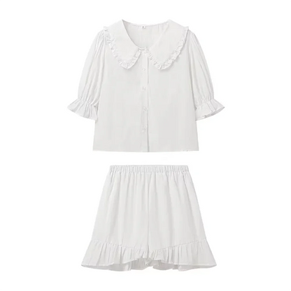 Ruffled Collar Linen Button-Up Set | Carmelita