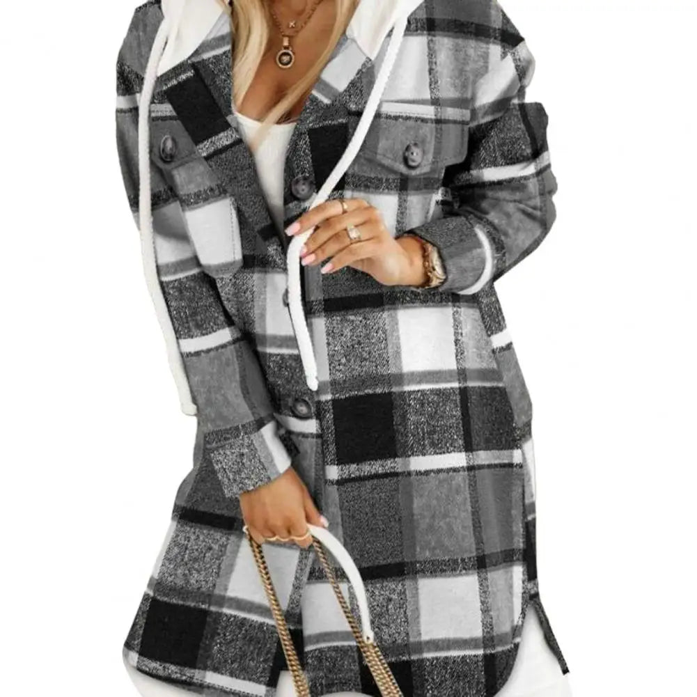 Women Plaid Button Shacket with Hood | Kaelani