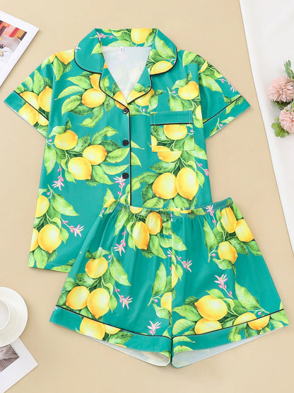 Lemon Print Short Sleeve Pajama Set | Almeda