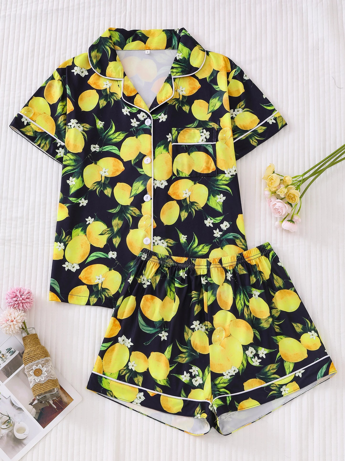 Lemon Print Short Sleeve Pajama Set | Almeda