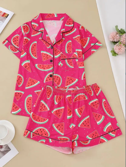 Watermelon Print Short Sleeve Pajama Set | Annetta