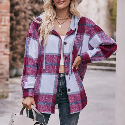 Women Pastel Plaid Hooded Shacket | Fionella