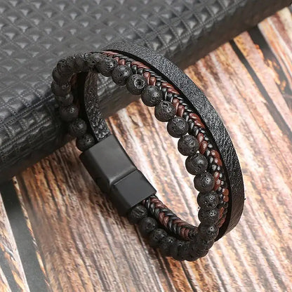 Variant image for Men's Leather Bracelet Black Alloy | Classic Style-27