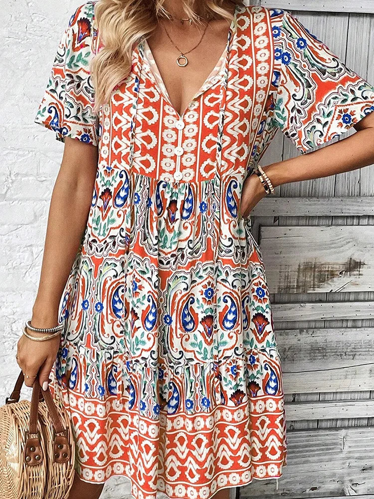 Boho Printed Summer Mini Dress | Athena