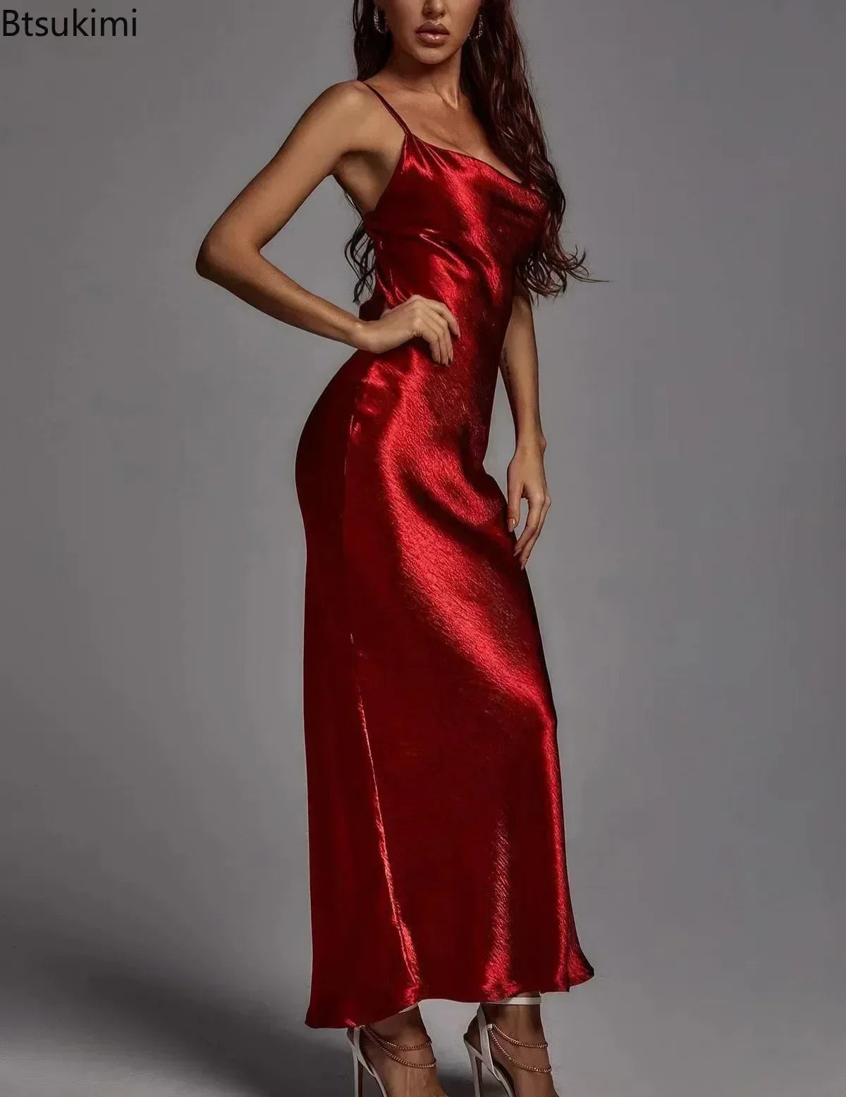 Women Maxi Dress Rose Gold Satin | Elegant Evening Gown-4