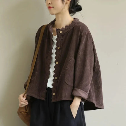 Women Short Jacket Beige Corduroy | Elegant Style-1