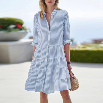 Button-Down Tiered Shirt Dress with Striped Pattern | Ellaine