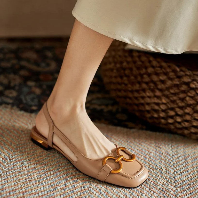 Women Slingback Flat Shoes Beige Leather | Mattea-6
