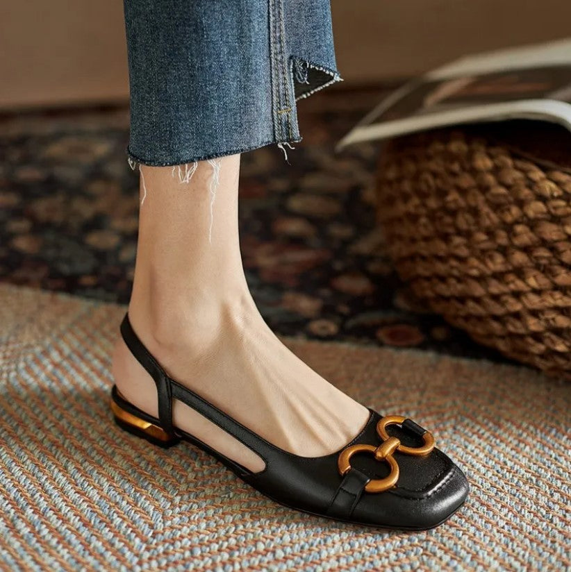 Women Slingback Flat Shoes Beige Leather | Mattea-5