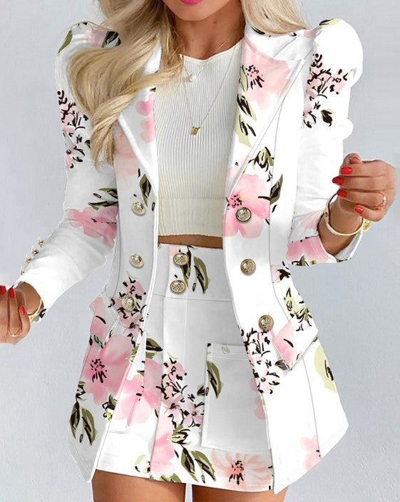 Floral Print Blazer and Skirt Set | Livina