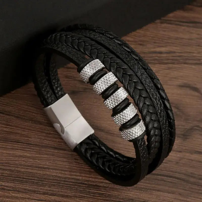 Variant image for Men's Leather Bracelet Black Alloy | Classic Style-2