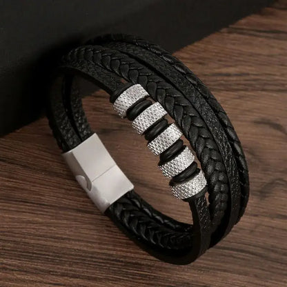 Variant image for Men's Leather Bracelet Black Alloy | Classic Style-2