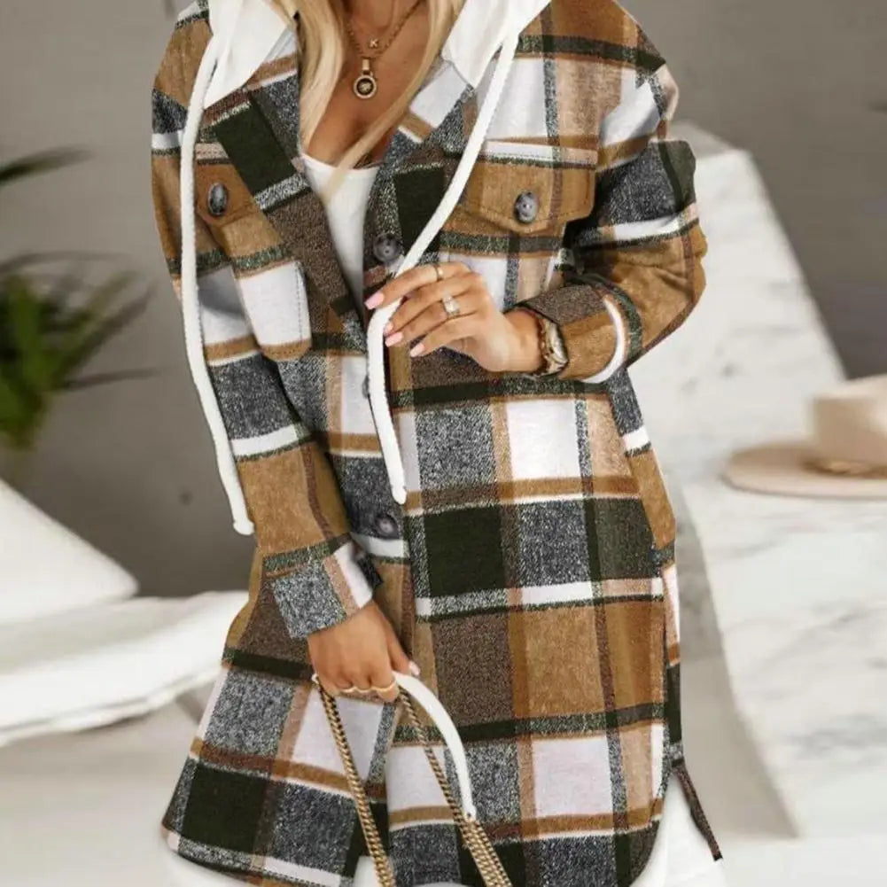 Women Plaid Button Shacket with Hood | Kaelani