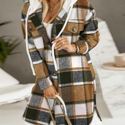 Women Plaid Button Shacket with Hood | Kaelani