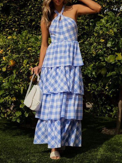 Tiered Gingham Halter Maxi Dress | Cordelia