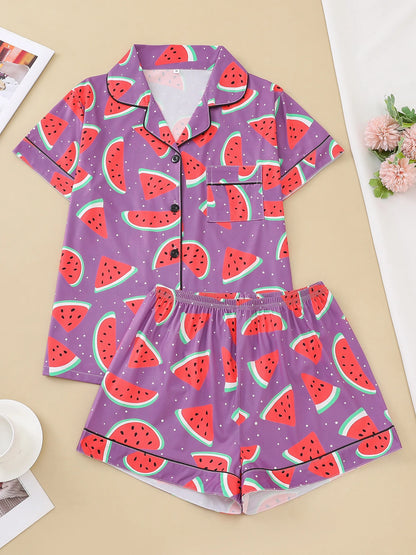 Watermelon Print Short Sleeve Pajama Set | Annetta