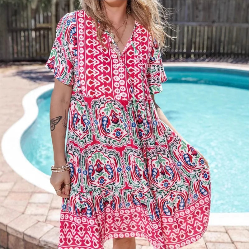 Boho Printed Summer Mini Dress | Athena