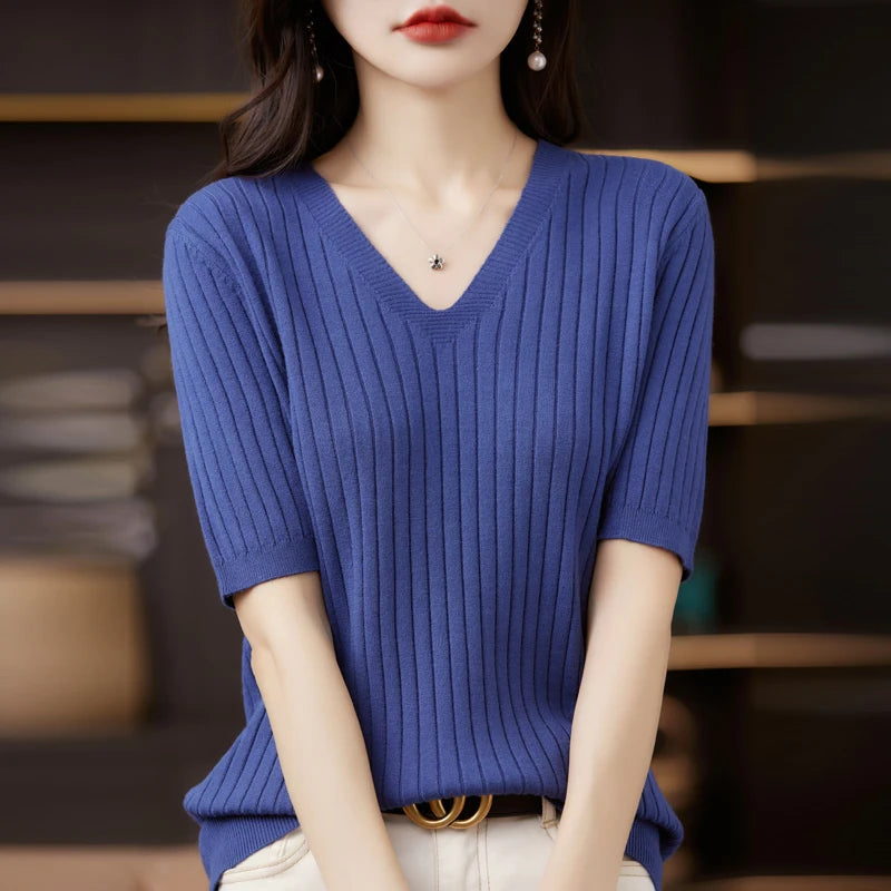 V-Neck Ribbed Knit Top | Cressida