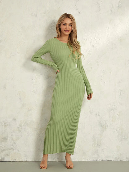 Women Long Sleeve Dress Solid Knit | Elegant-3