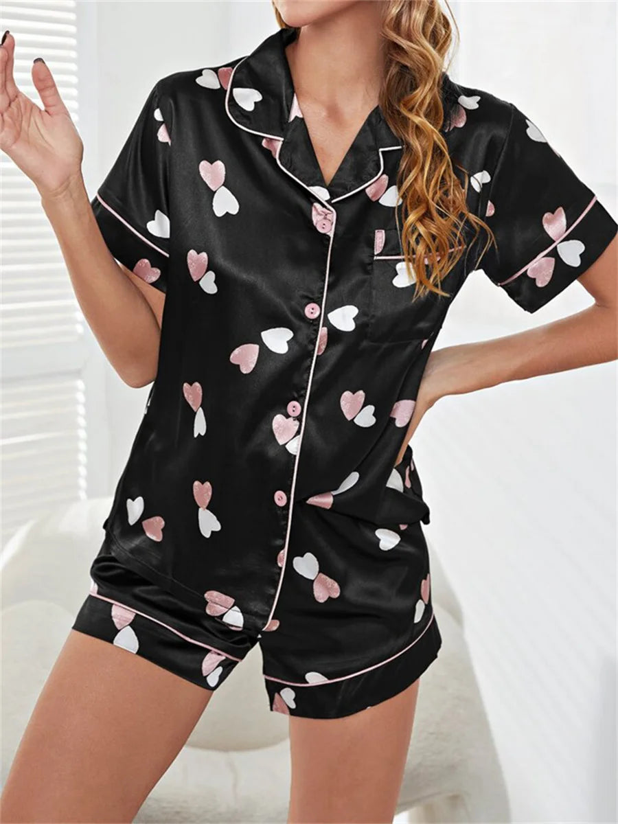 Satin Heart Print Pajama Set | Amabel