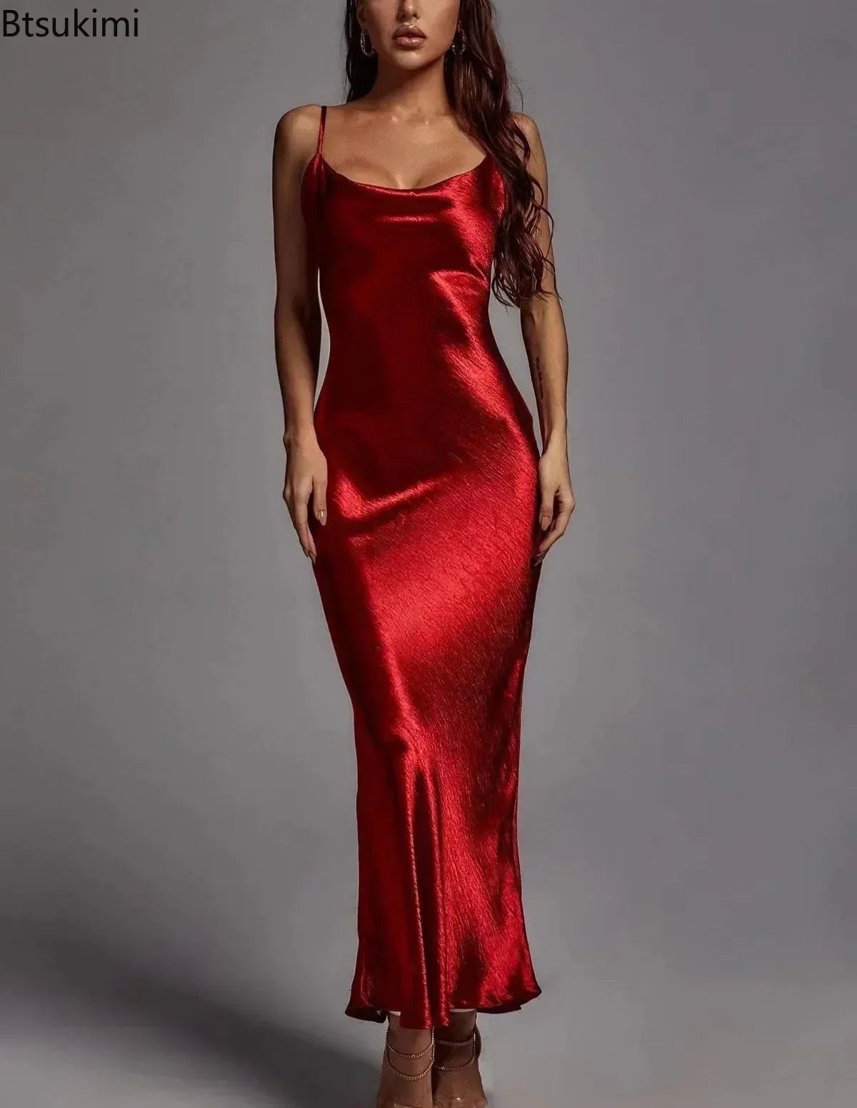 Women Maxi Dress Rose Gold Satin | Elegant Evening Gown-3