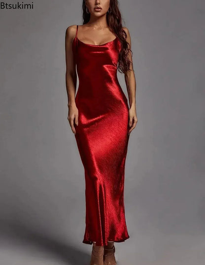 Women Maxi Dress Rose Gold Satin | Elegant Evening Gown-3