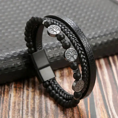 Variant image for Men's Leather Bracelet Black Alloy | Classic Style-28
