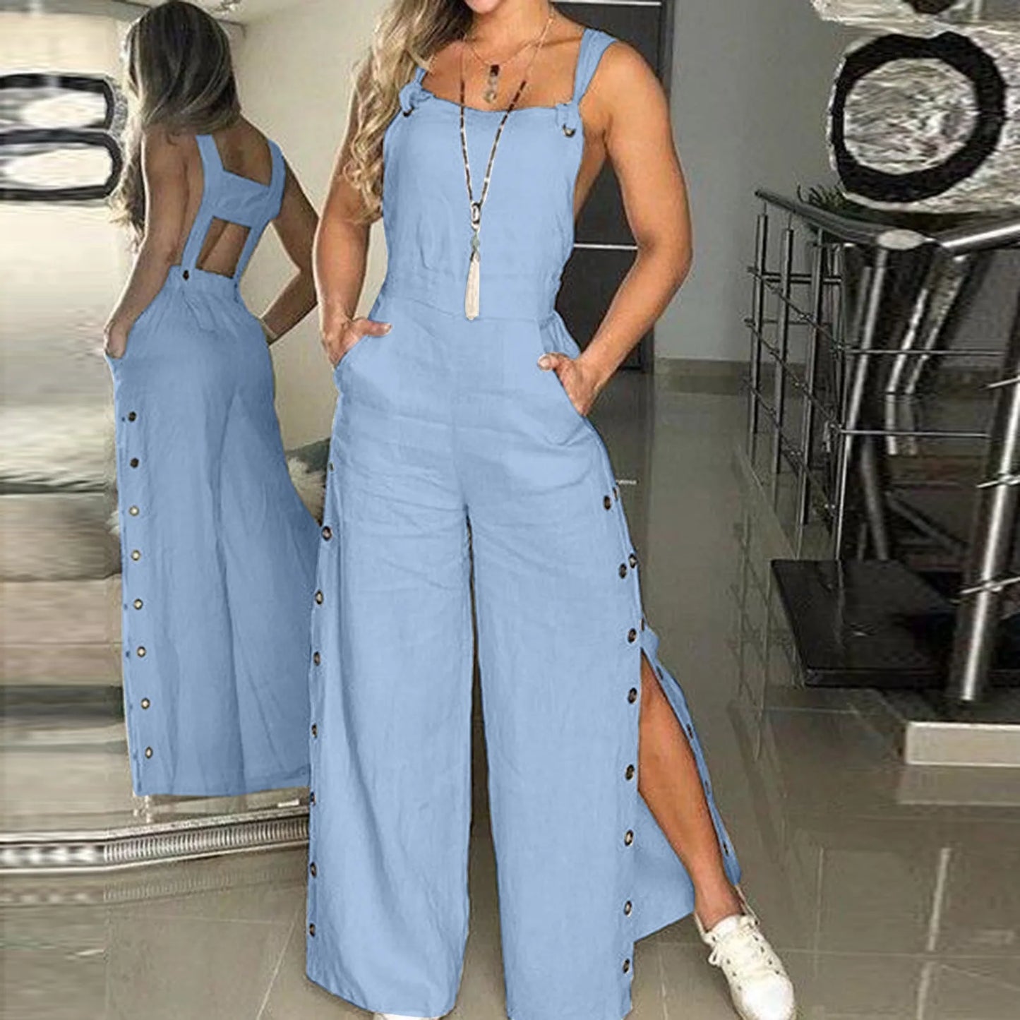 Button-Slit Wide-Leg Overalls | Leona