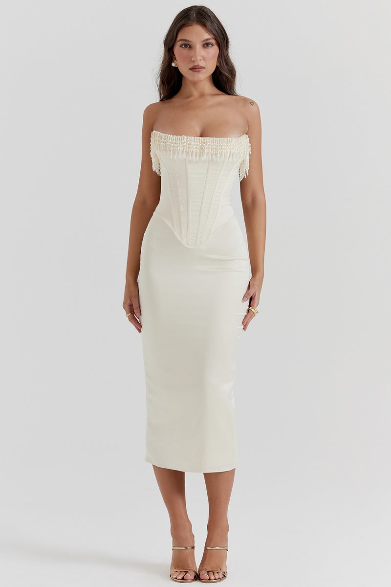 Pearl Embellished Corset Midi Dress | Dorothea