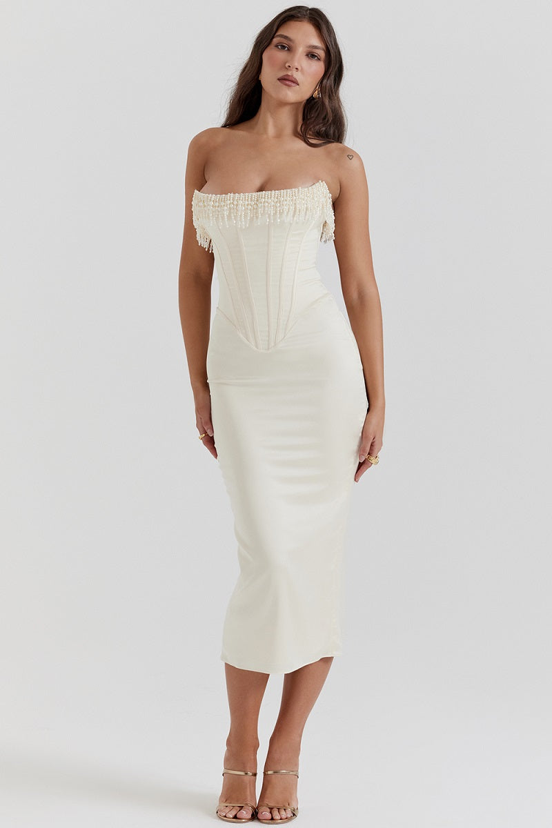 Pearl Embellished Corset Midi Dress | Dorothea