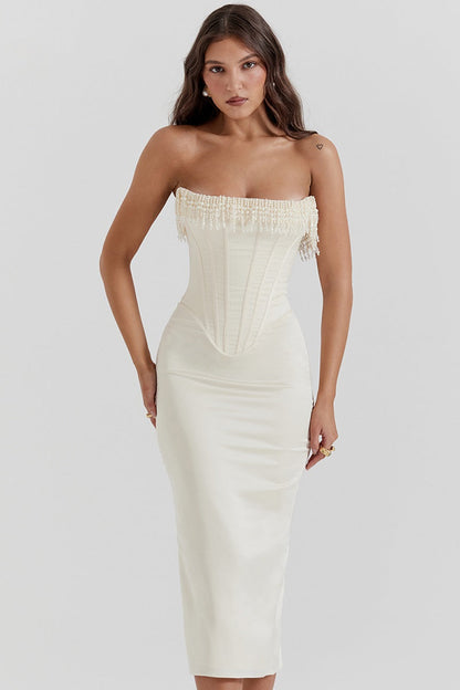 Pearl Embellished Corset Midi Dress | Dorothea