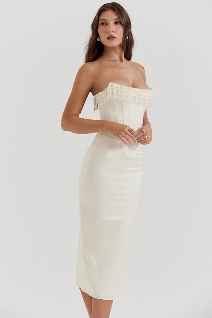 Pearl Embellished Corset Midi Dress | Dorothea