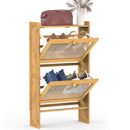 Slim Bamboo Shoe Cabinet – Space-Saving Entryway Shoe Storage with 2 Flip Drawers for Up to 6 Pairs 0