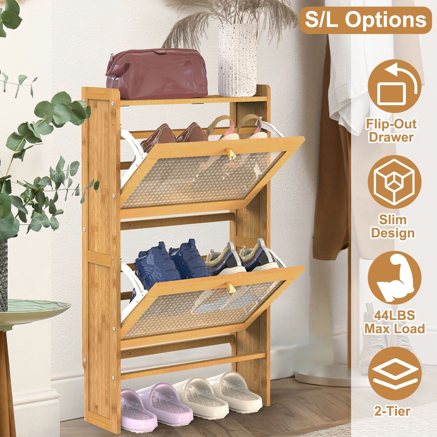 Slim Bamboo Shoe Cabinet – Space-Saving Entryway Shoe Storage with 2 Flip Drawers for Up to 6 Pairs 3