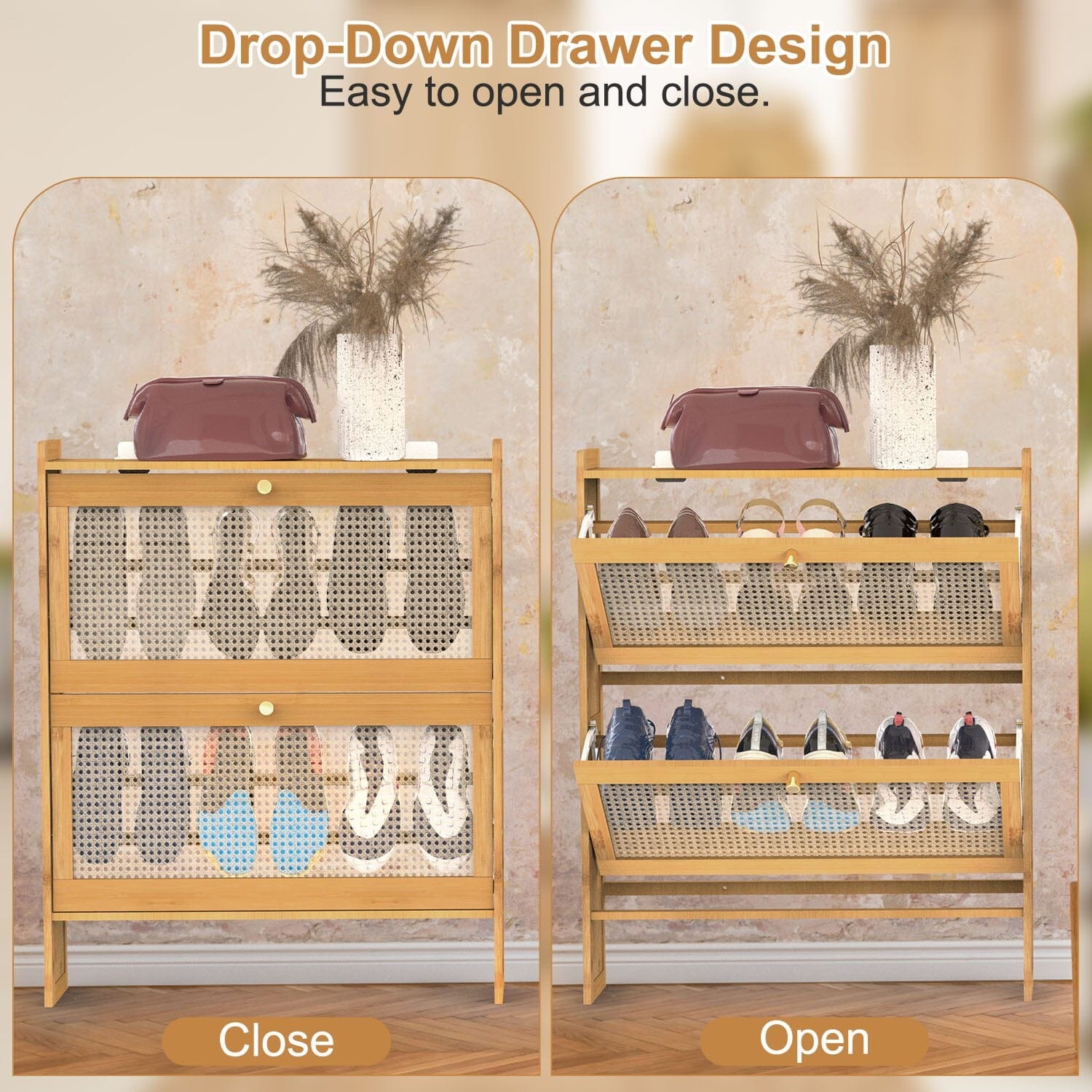 Slim Bamboo Shoe Cabinet – Space-Saving Entryway Shoe Storage with 2 Flip Drawers for Up to 6 Pairs 4