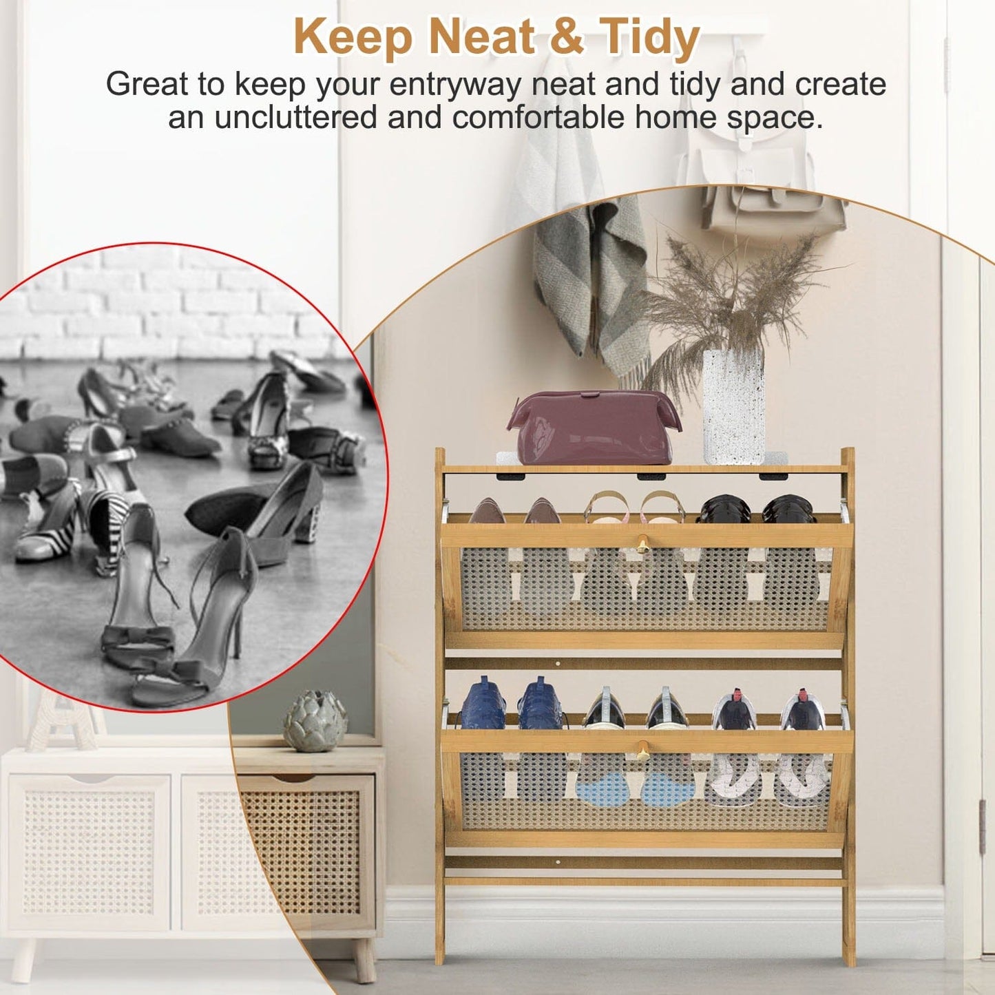 Slim Bamboo Shoe Cabinet – Space-Saving Entryway Shoe Storage with 2 Flip Drawers for Up to 6 Pairs 6