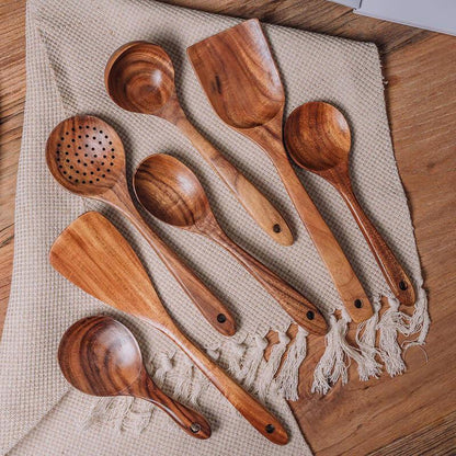 7-Piece Teak Wood Utensil Set – Non-Scratch Cooking Tools