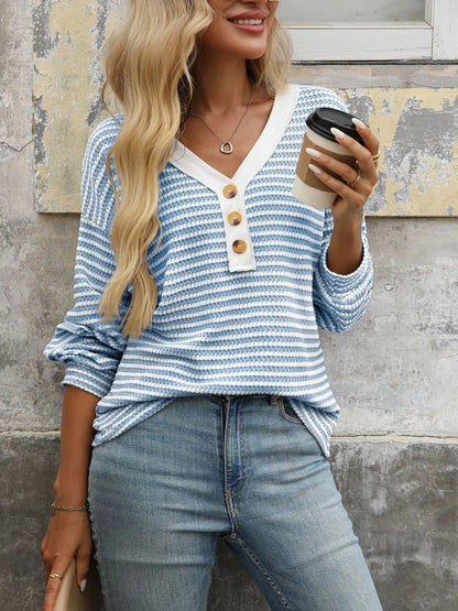 Striped V-Neck Casual Top for Women with Button Front – Slightly Stretchy Fabric, Everyday Wear, Available in Multiple Sizes 0