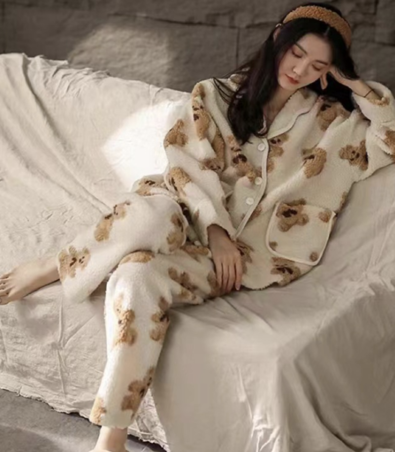 Women Teddy Bear Print Fleece Pajama Set | Clio