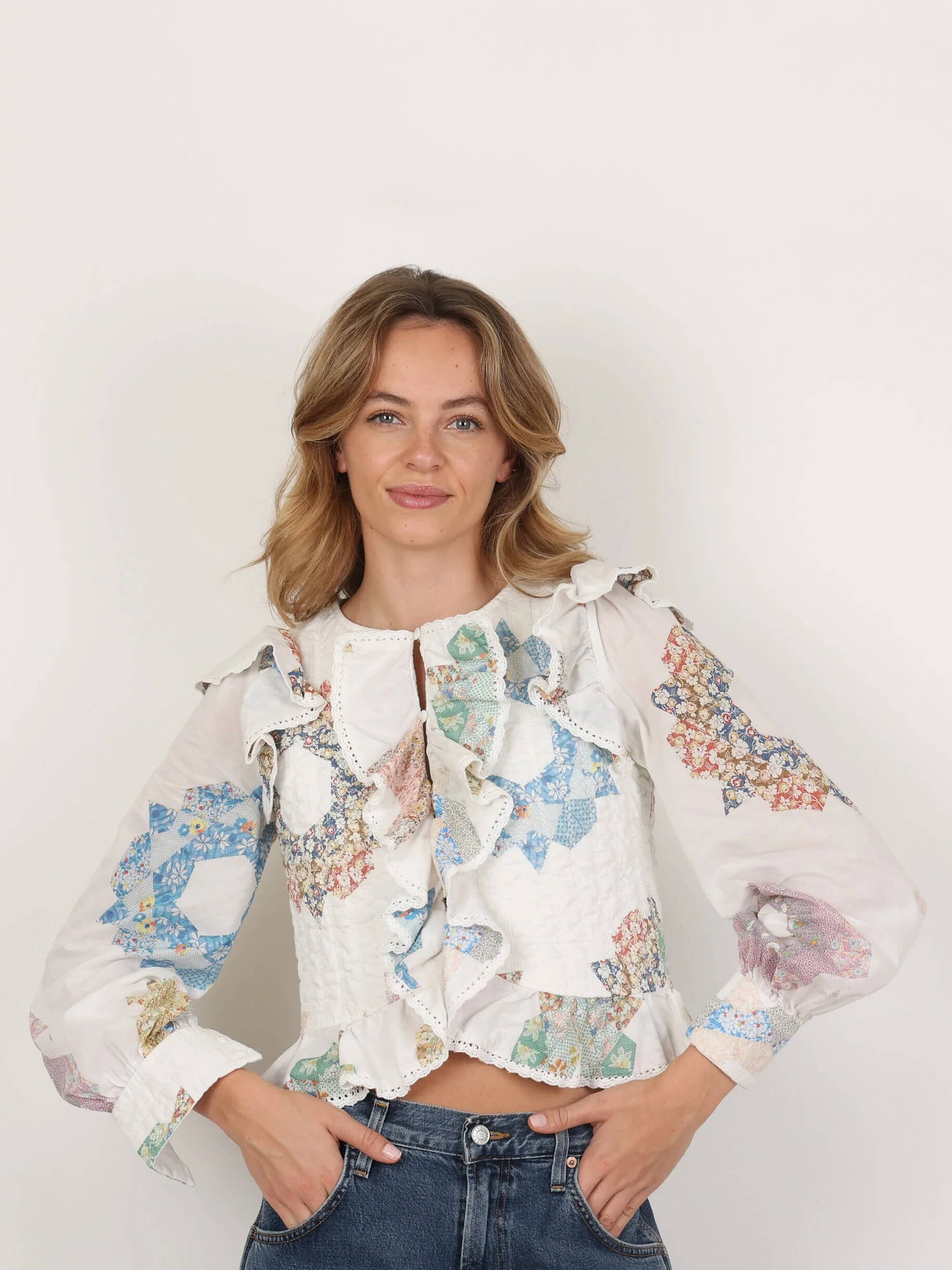 Women Blouse White Cotton Quilted Frill | Vintage Charm-4