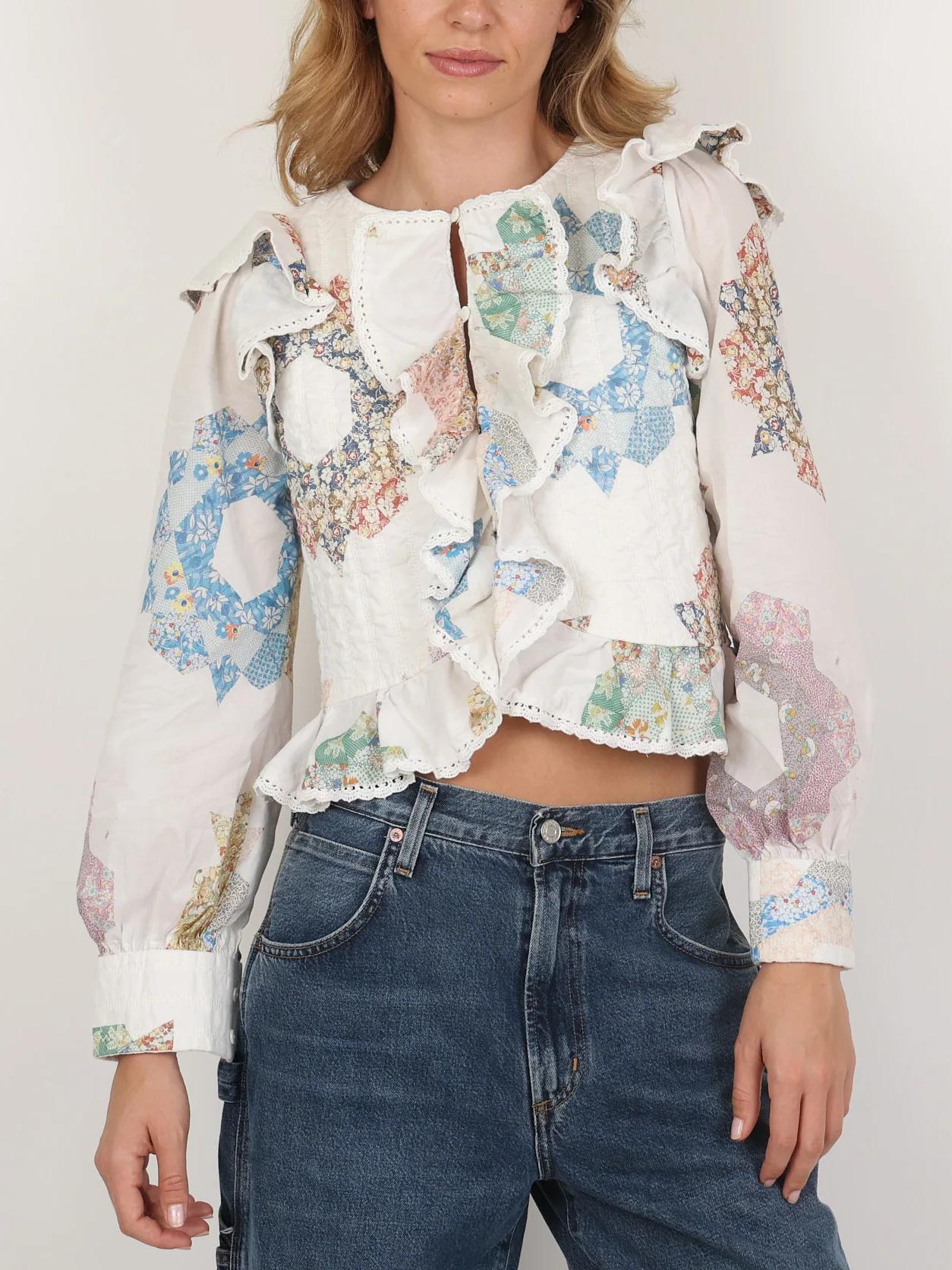 Variant image for Women Blouse White Cotton Quilted Frill | Vintage Charm-1